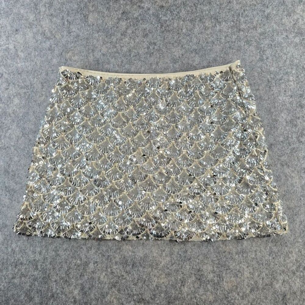 Sans Souci Sequins and Bead Mini Skirt Size XL Sparkly Silver Lined